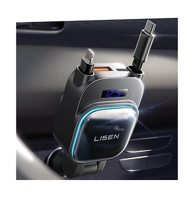 Lisen 96W Retractable Car Charger, 4-in-1 Fast Charging Adapter with Usb-c, Usb-a and Dual Cables for iPhone, Samsung, iPad, Android