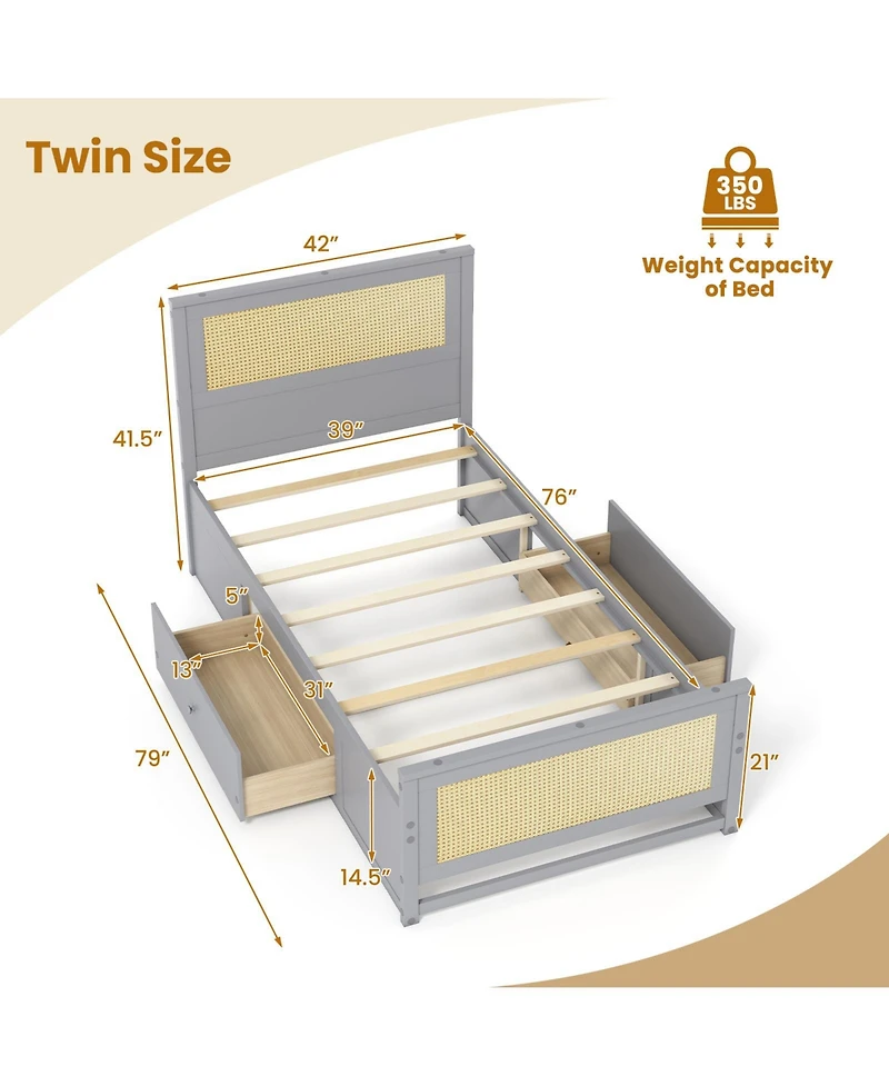 Slickblue Rattan Twin Bed Frame with Built-in Storage Drawers