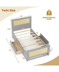 Slickblue Rattan Twin Bed Frame with Built-in Storage Drawers