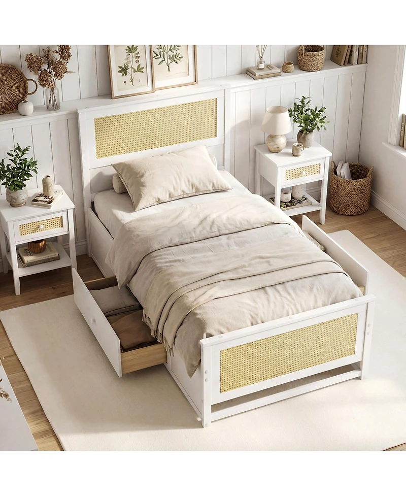 Slickblue Rattan Twin Bed Frame with Built-in Storage Drawers
