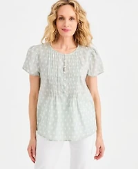 Style Co Womens Printed Cotton Pintuck Flutter Sleeve Top Macys Exclusive