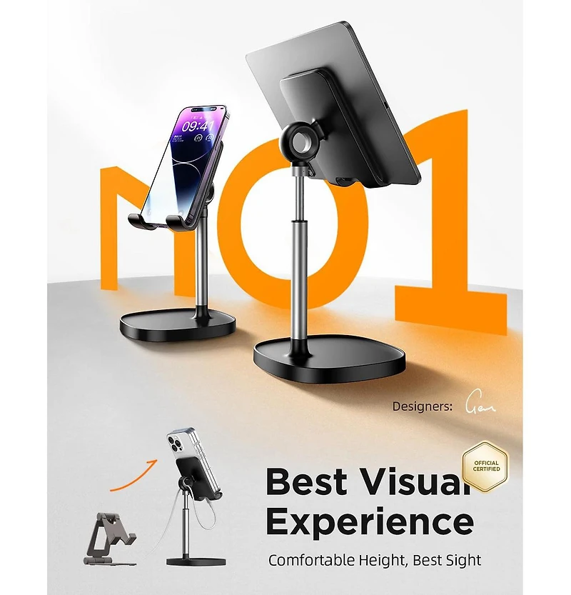 Lisen Adjustable Phone Stand for Desk, Aluminum Cell Phone Holder with Height and Angle Adjustment, Anti-Slip Base, Compatible with iPhone, iPad