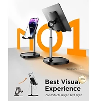 Lisen Adjustable Phone Stand for Desk, Aluminum Cell Phone Holder with Height and Angle Adjustment, Anti-Slip Base, Compatible with iPhone, iPad