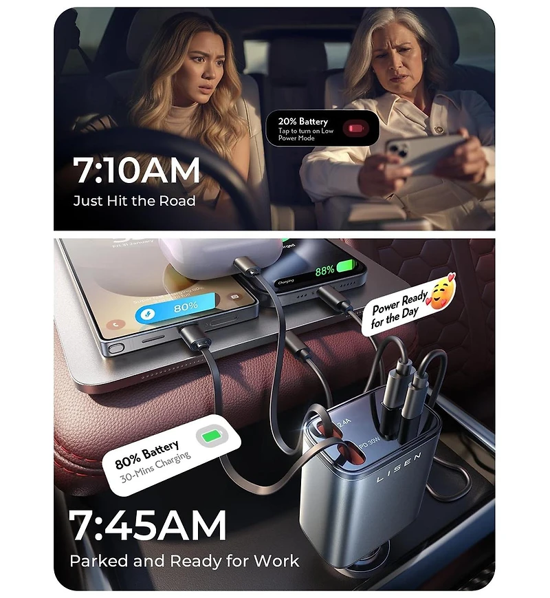Lisen Retractable Car Charger 4-in-1, 69W Usb-c Car Adapter with Built-in Cables, Multi Device Charging for iPhone, Samsung