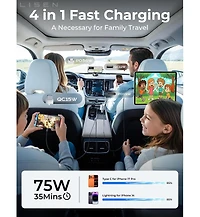 Lisen Retractable Car Charger 4-in-1, 75W Fast Charging Usb-c Car Adapter with Built-in Cables, Multi Device Charger for iPhone, Samsung, iPad