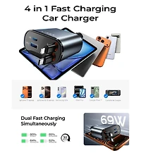 Lisen Retractable Car Charger 69W, 4-Port Fast Charging Car Adapter with Usb-c and Usb-a, Multi Device Charger for iPhone, Samsung, Tablets