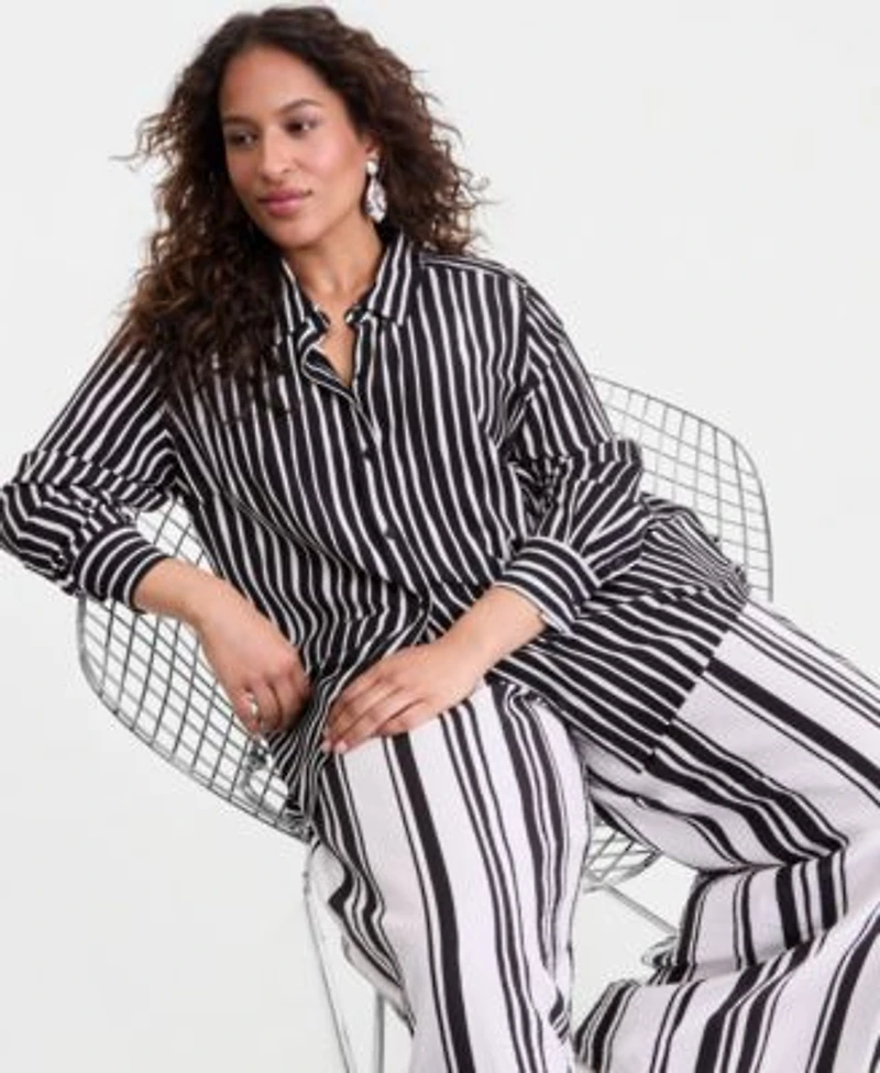 I.N.C. International Concepts Plus Size Striped Button Up Top Striped High Rise Wide Leg Pants