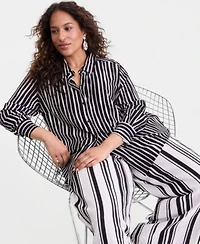 I.N.C. International Concepts Plus Size Striped Button Up Top Striped High Rise Wide Leg Pants