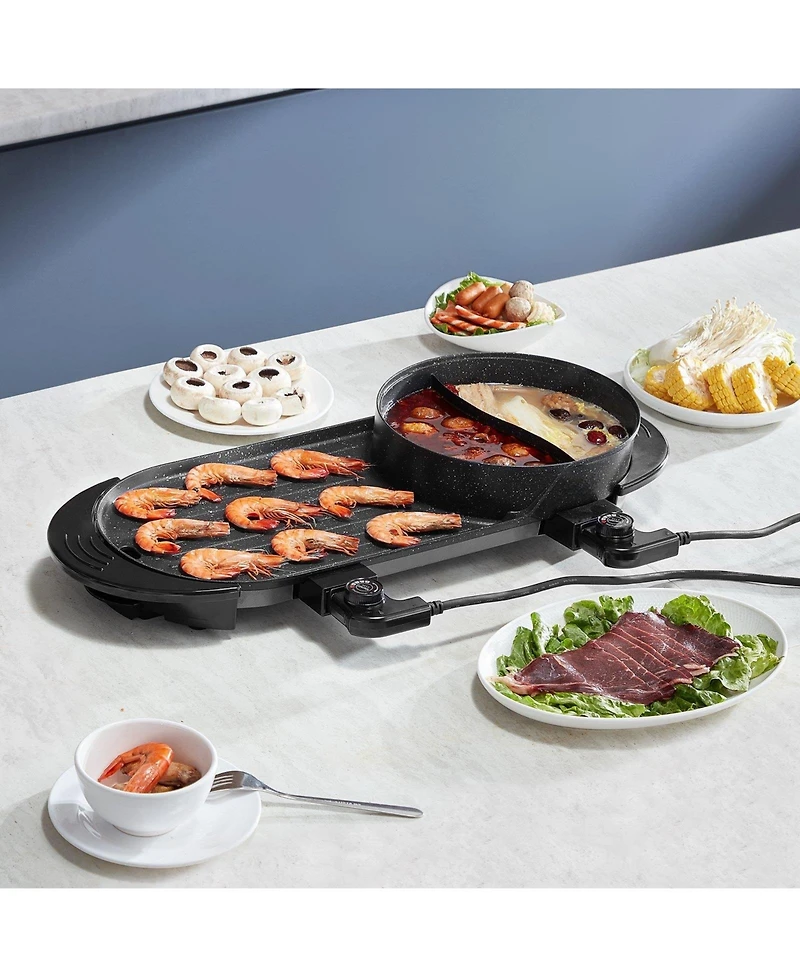 Ecooso 2200W 2-in-1 Electric Hot Pot with Grill, Dual Temperature Control, Nonstick Pan, Serves 1-6