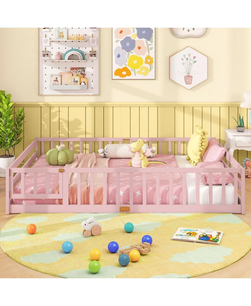 Slickblue Kids Floor Bed Frame with Full Length Guardrails, Montessori Style Safe Sleeping