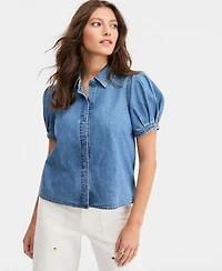 On 34th Women's Cotton Puffed-Sleeve Denim Shirt, Macy's Exclusive