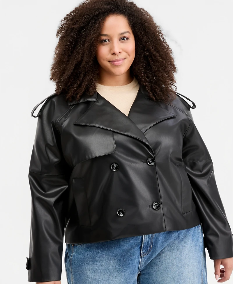 Maralyn & Me Trendy Plus Cropped Double-Breasted Faux-Leather Trench Coat