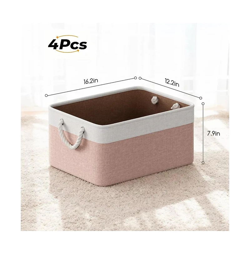Gouun 4 Pack Collapsible Fabric Storage Bins with Rope Handles, Cotton Linen Storage Baskets for Closet Shelves