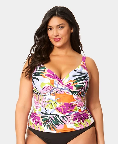Anne Cole Plus V-Neck Underwire Printed Drape Front Tankini Top