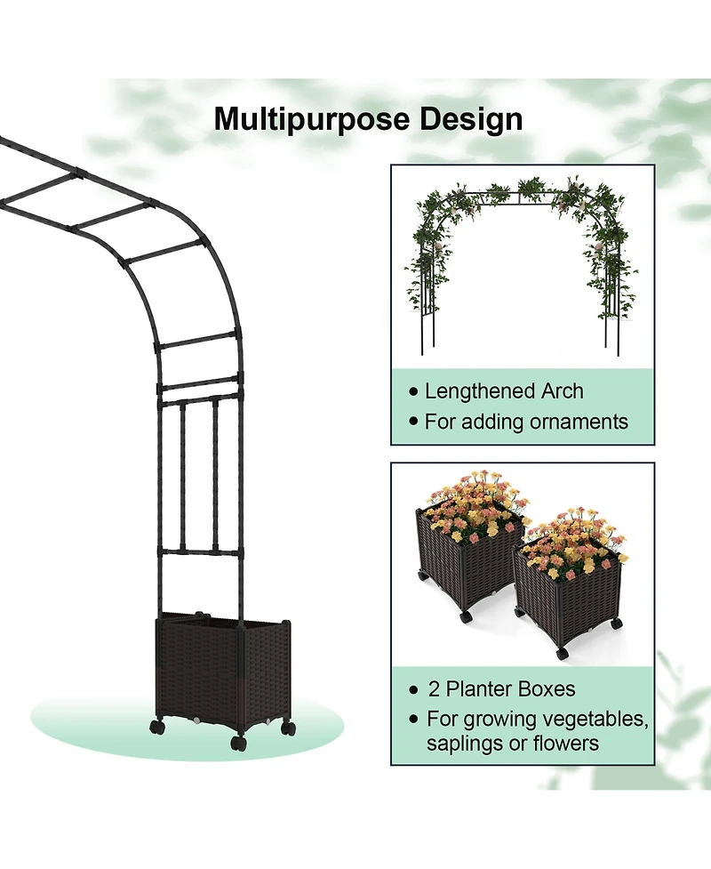 Gouun 6.6 feet Garden Arch Trellis with Planter Boxes and Lockable Wheels