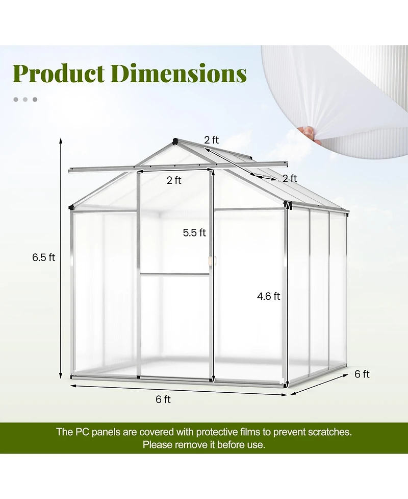 Gouun 6 x 6 feet. Walk-in Polycarbonate Greenhouse with Rain Gutters