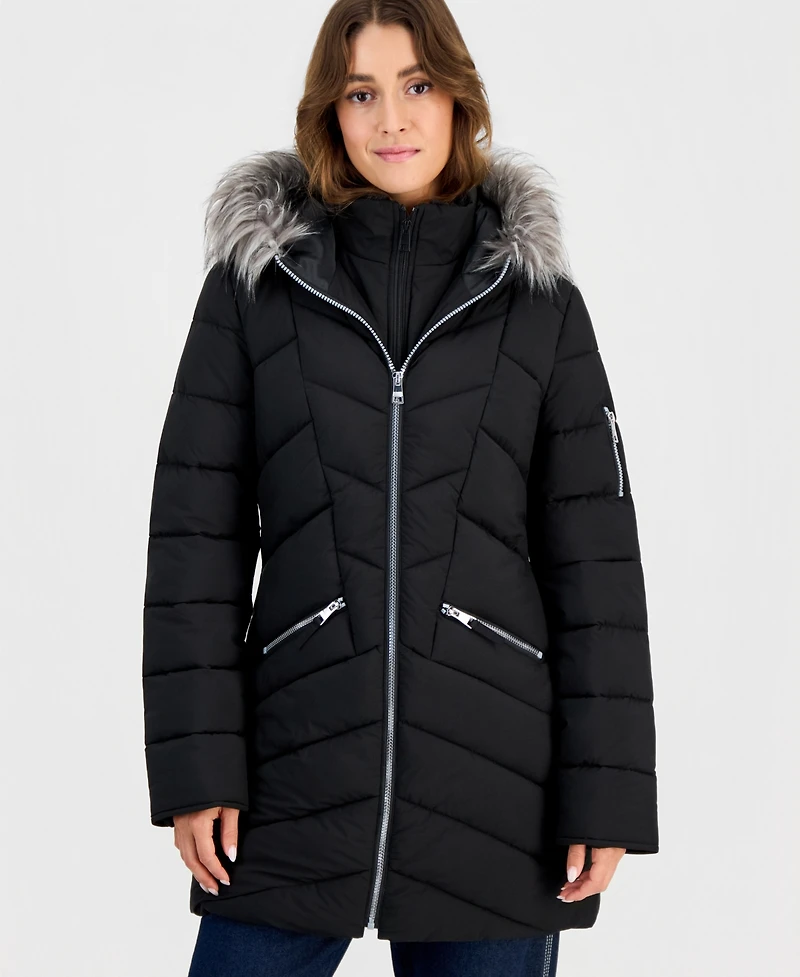 Maralyn & Me Juniors' Faux-Fur-Trim Hooded Puffer Coat