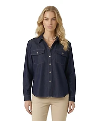 Modenaire Women's Denim Collared Button-Front Pocket Shirt