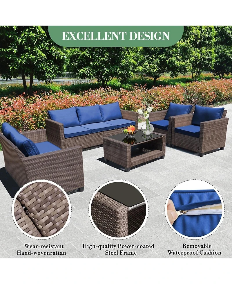 gaomon 5-Piece Outdoor Patio Wicker Sectional Sofa Set with Glass Table