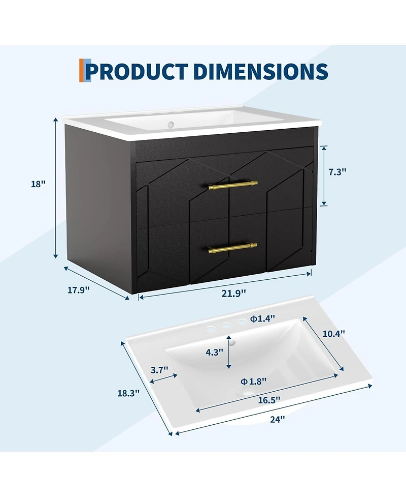 gaomon Floating Bathroom Vanity with Sink, Modern Wall-Mounted Cabinet Ceramic Top, 2 Drawer Storage for Small or Apartment