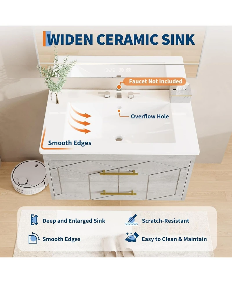 gaomon Floating Bathroom Vanity with Sink, Modern Wall-Mounted Cabinet Ceramic Top, 2 Drawer Storage for Small or Apartment