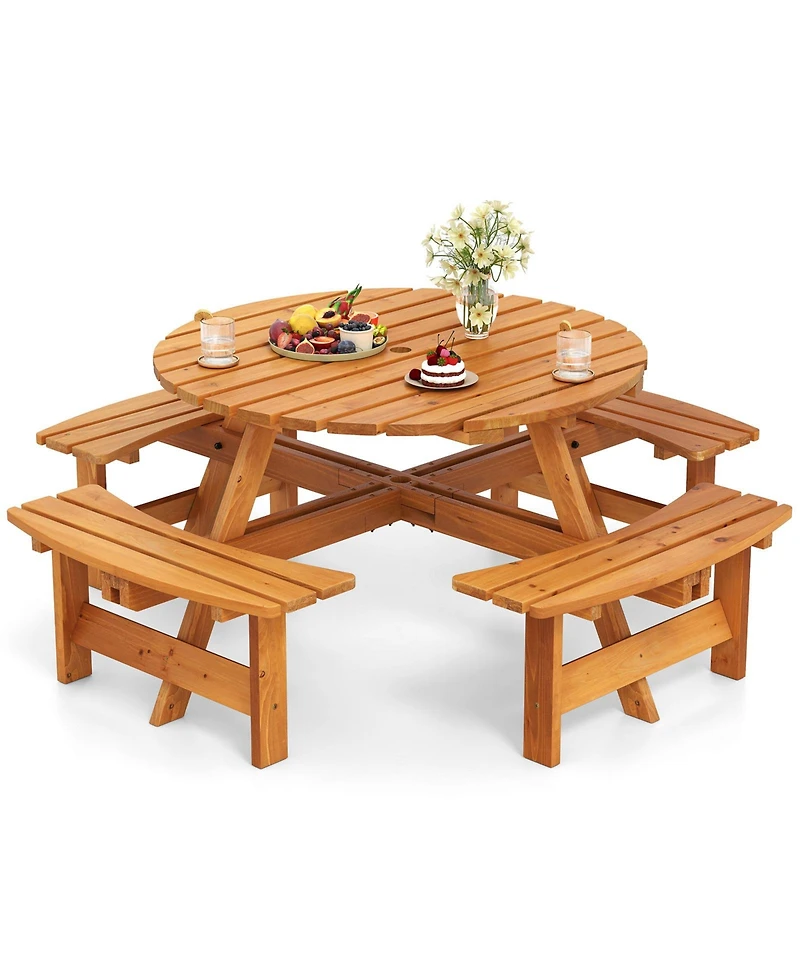 Slickblue Round Picnic Table Set for 8 Person with Benches, Circular Outdoor Dining Table