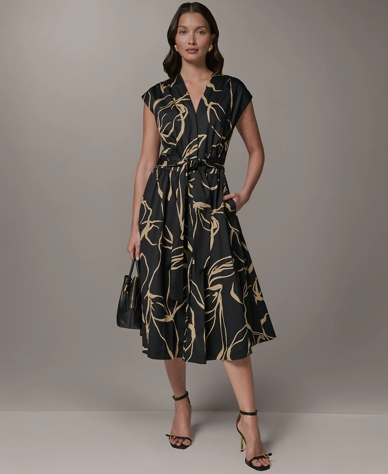 Donna Karan New York Women's Printed Tie Belt V-Neck Midi Dress