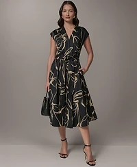 Donna Karan New York Women's Printed Tie Belt V-Neck Midi Dress