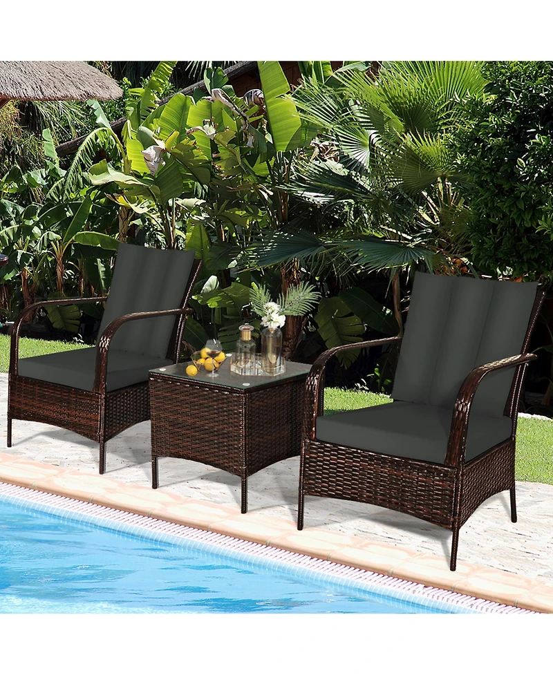 Gymax 3PCS Outdoor Patio Rattan Conversation Set Furniture Set w/ Table Cushions