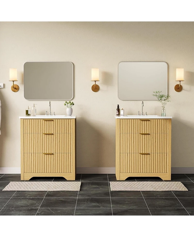 gaomon Fluted Bathroom Vanity with Sink, Farmhouse Freestanding Cabinet with 2 Drawers and Flip-Down Storage, Space-Saving for Small Bathroom