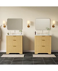 gaomon Fluted Bathroom Vanity with Sink, Farmhouse Freestanding Cabinet with 2 Drawers and Flip-Down Storage, Space-Saving for Small Bathroom