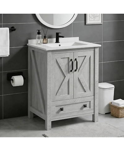 gaomon Bathroom Vanity with Ceramic Sink, Freestanding Cabinet with 2 Doors and Drawer Storage, Compact Design for Small Bathroom