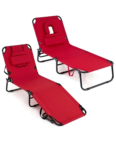Gymax 2PCS Folding Beach Sun Lounger w/Face Hole and Removable Pillow 4Position Backrest