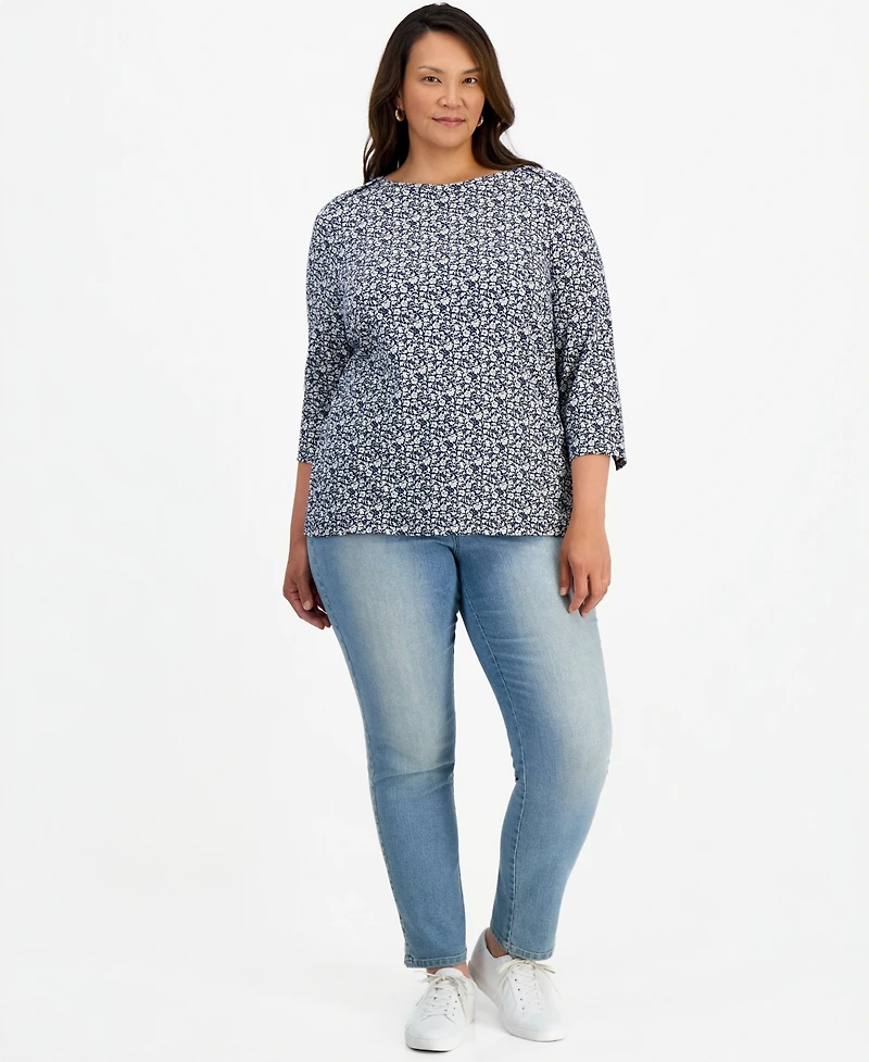 Style & Co Plus Pima Knit Nala Garden Floral 3/4-Sleeve Boatneck T-Shirt, Macy's Exclusive