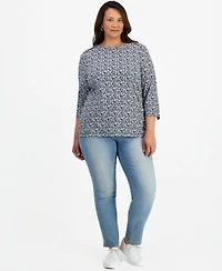Style & Co Plus Pima Knit Nala Garden Floral 3/4-Sleeve Boatneck T-Shirt, Macy's Exclusive