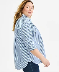 Style & Co Plus Cotton Striped Button-Front Long-Sleeve Shirt, Macy's Exclusive