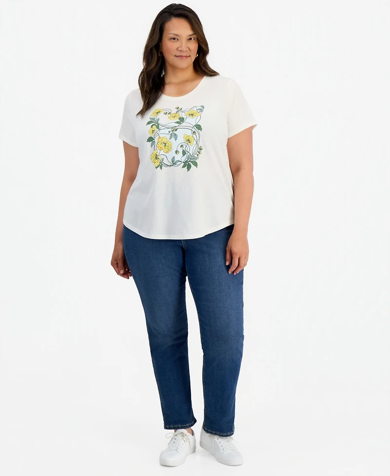 Style & Co Plus Perfect Floral-Print Curved-Hem T-Shirt, Macy's Exclusive