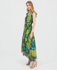 Anne Klein Women's Floral-Print Chiffon Tie-Waist Midi Dress
