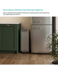 Home Zone Living 12 Gallon Slim Kitchen Trash Can with Step Pedal, Soft-Close Lid and Reeded Stainless Steel Body, Silver