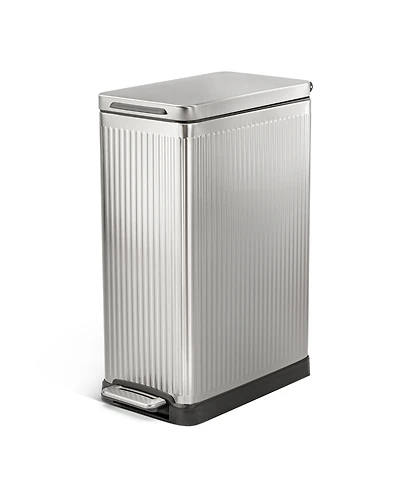 Home Zone Living 12 Gallon Slim Kitchen Trash Can with Step Pedal, Soft-Close Lid and Reeded Stainless Steel Body, Silver