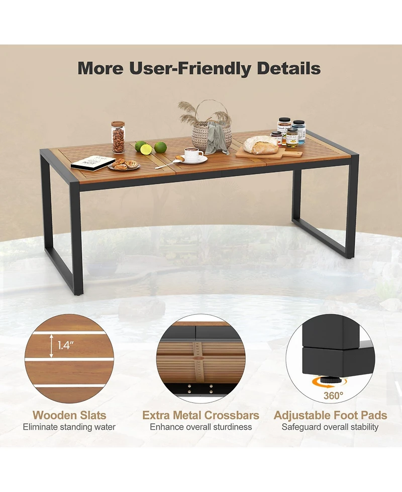 Gymax Set of 9 Outdoor Metal Dining Table and Rattan Chairs w/ Acacia Wood Table