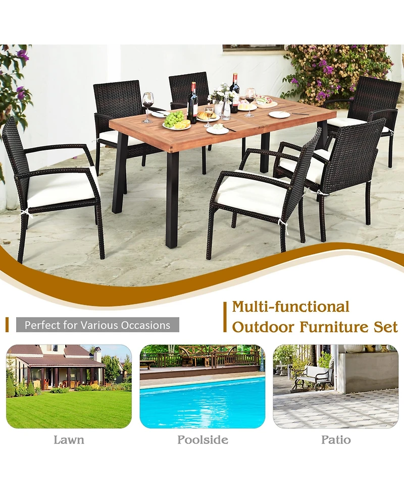 Gymax 7PCS Patio Rattan Dining Set Wooden Table Top Cushioned Chair Garden