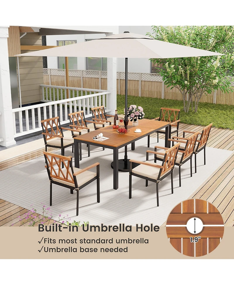 Gymax 9 Pcs Outdoor Dining Table and Chairs Set Table w/ Acacia Wood Top Umbrella Hole