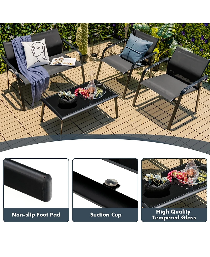 Costway 4 Pcs Patio Furniture Set Loveseat Sofas Armrest Glass Table Deck