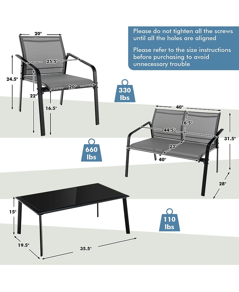 Costway 4 Pcs Patio Furniture Set Loveseat Sofas Armrest Glass Table Deck