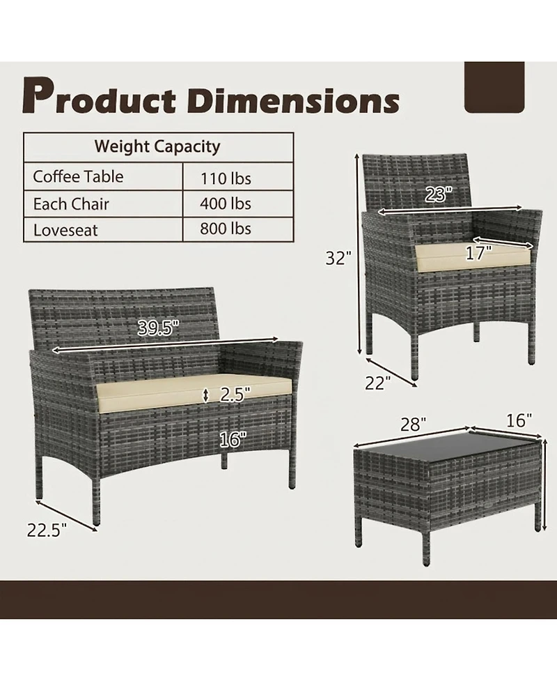 Sugift 4-Piece Outdoor Wicker Conversation Set with Tempered Glass Table