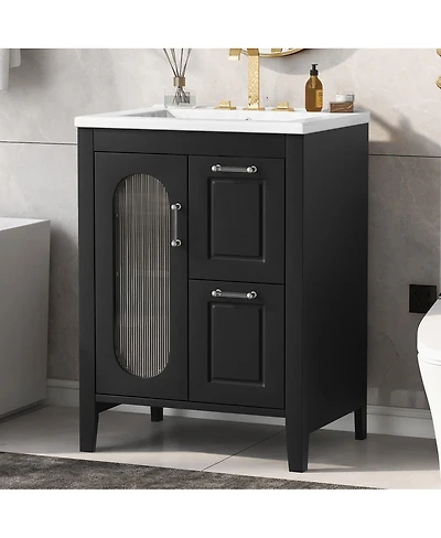 Sillysis Freestanding Bathroom Vanity with Sink, Solid Wood Cabinet, Moru Glass Door, Adjustable Shelf for Small Spaces