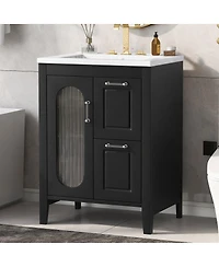 Sillysis Freestanding Bathroom Vanity with Sink, Solid Wood Cabinet, Moru Glass Door, Adjustable Shelf for Small Spaces