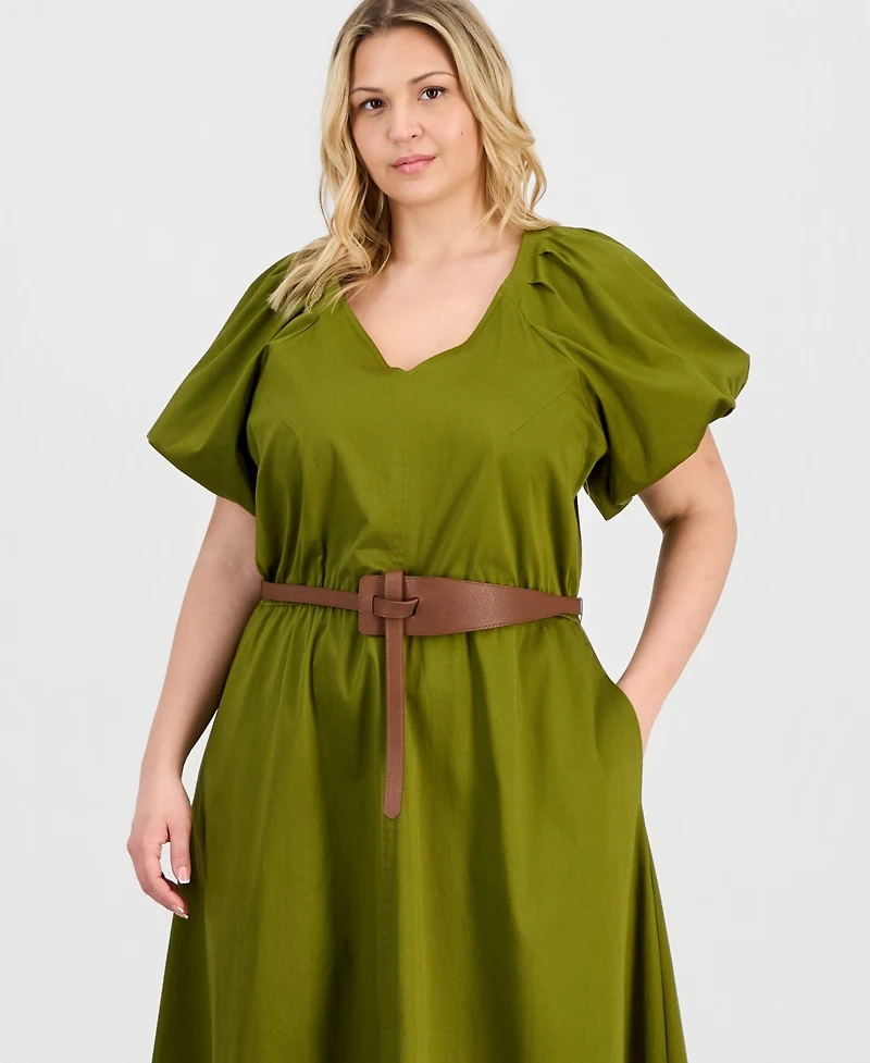 Anne Klein Plus-Size Sateen V-Neck Midi Dress