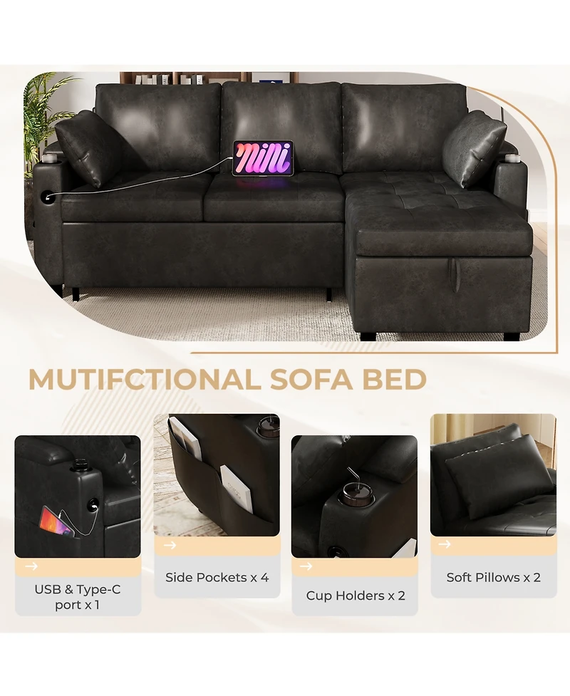 Aecojoy Sleeper Sofa Bed, 3-in-1 Pull Out Couch with Reversible Chaise, Leather